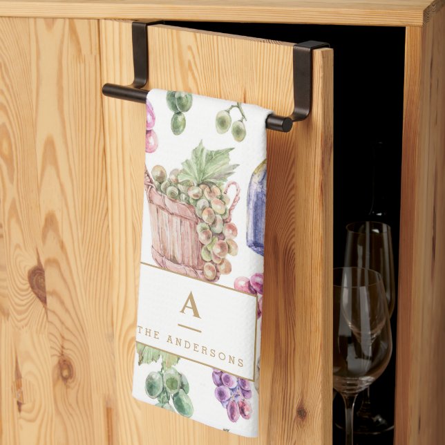 Linge De Cuisine Raisins de fromage à vin rustique Aquarelle Monogr (Pliage en tiers)