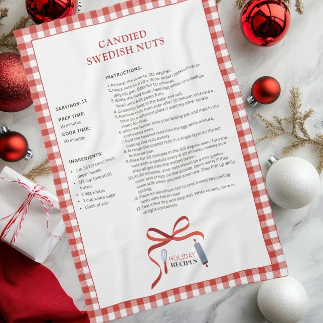 Linge De Cuisine Recette de Noël Suédoise (Candied Swedish Nuts Red Check Buffalo Plaid Holiday Recipe Kitchen Towel)