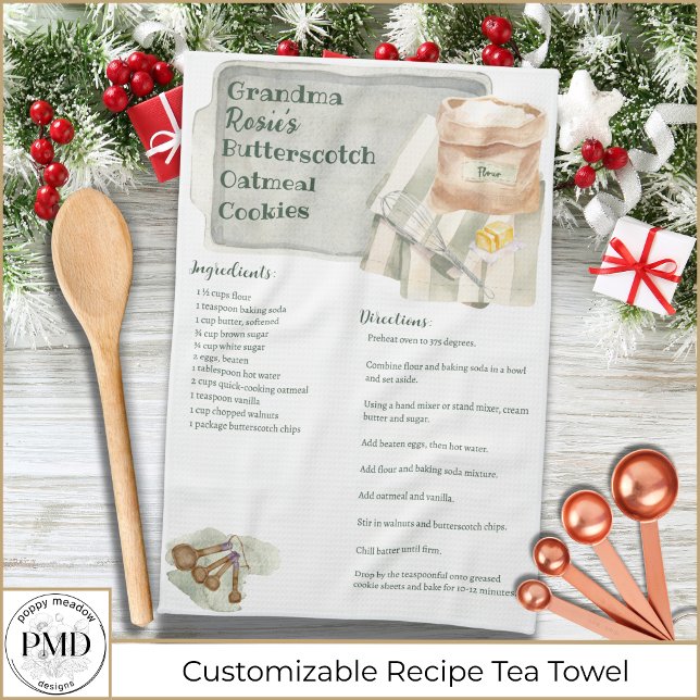 Linge De Cuisine Recette grand-mère | Cookie Butterscotch Personnal (Grandma Recipe Rustic Butterscotch Cookie Personalized Kitchen Tea Towel with her name, recipe.)