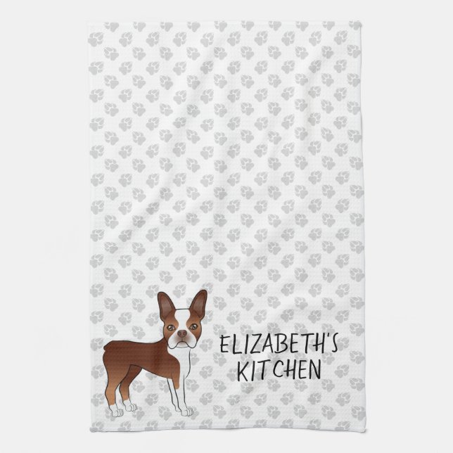 Linge De Cuisine Red Boston Terrier Cartoon Dog & Your Custom Text (Vertical)