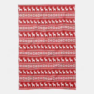Linge De Cuisine Red Christmas Reindeer Snowflake Classic Motif