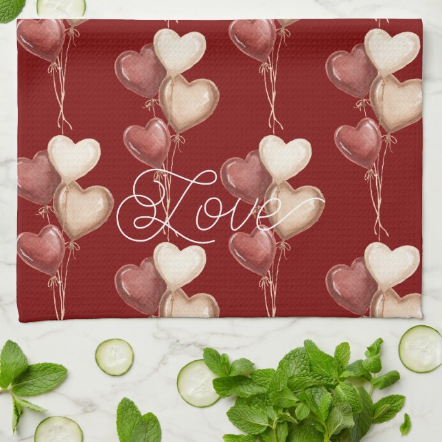 Linge De Cuisine Red Cream Heart Balloons Love  (Plié)