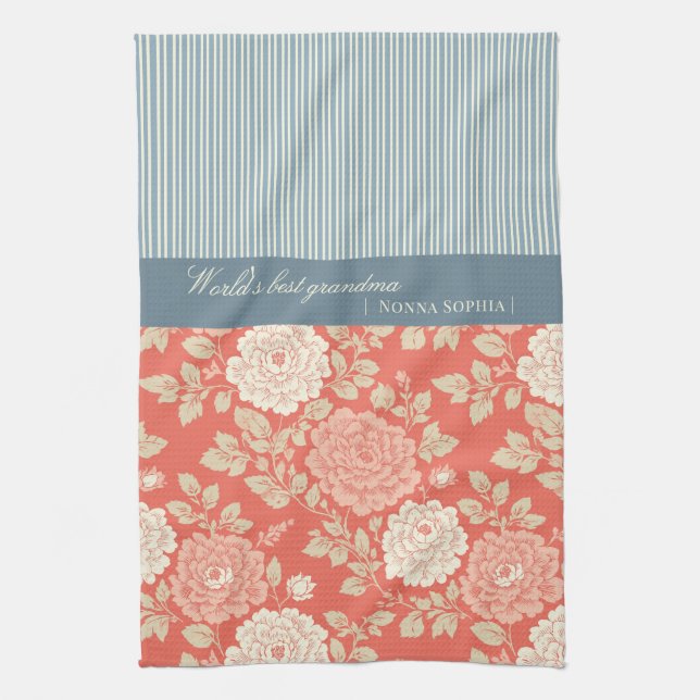 Linge De Cuisine Red Floral Block Print w Blue Stripes (Vertical)