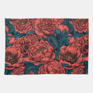Linge De Cuisine Red peony flowers and moths