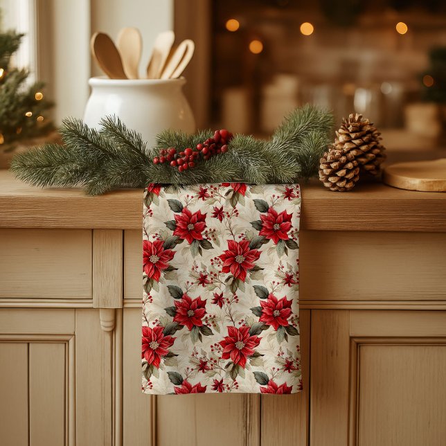 Linge De Cuisine Red Poinsettia Kitchen Towel Classic Holiday Look (Red Poinsettia Kitchen Towel Classic Holiday Look)