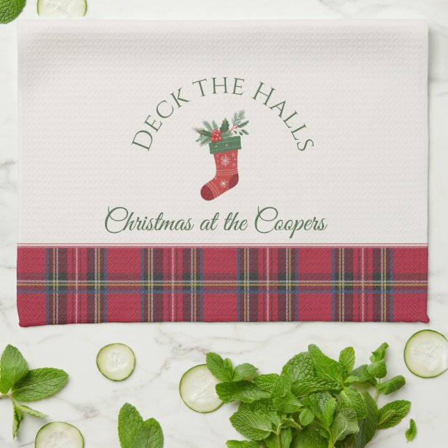 Linge De Cuisine Red Xmas Stocking Customisé Nom de famille Noël (Plié)