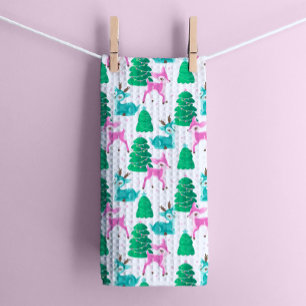 Linge De Cuisine Reindee de Noël vintage rétro en blanc