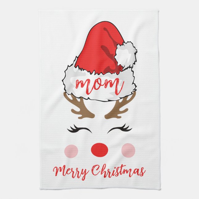 Linge De Cuisine Reindeer moderne Santa Hat Joyeux Noël Maman (Vertical)