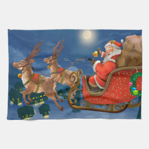 Linge De Cuisine Reindeer tire le Père Noël Sleigh Noël