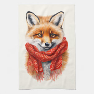 Linge De Cuisine Renard mignon avec un foulard rouge Image d'automn
