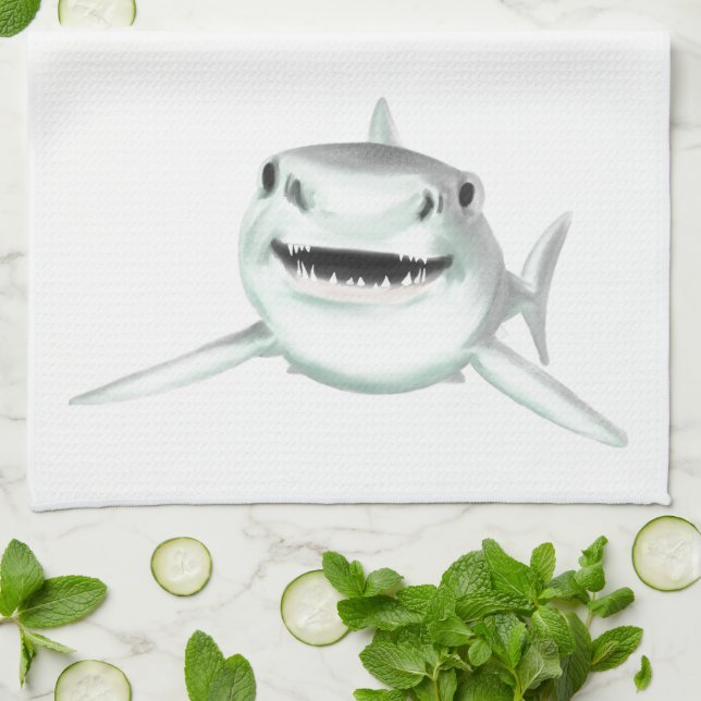 Linge De Cuisine requin d'aquarelle souriant gris vert vert animal  (Plié)