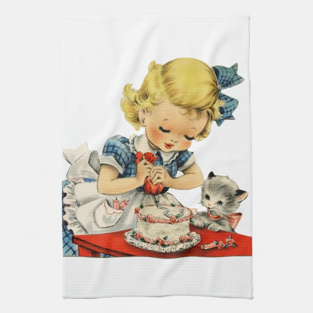 Linge De Cuisine Rétro Anniversaire Fille Cake Cat Enfants Artwork (Vertical)