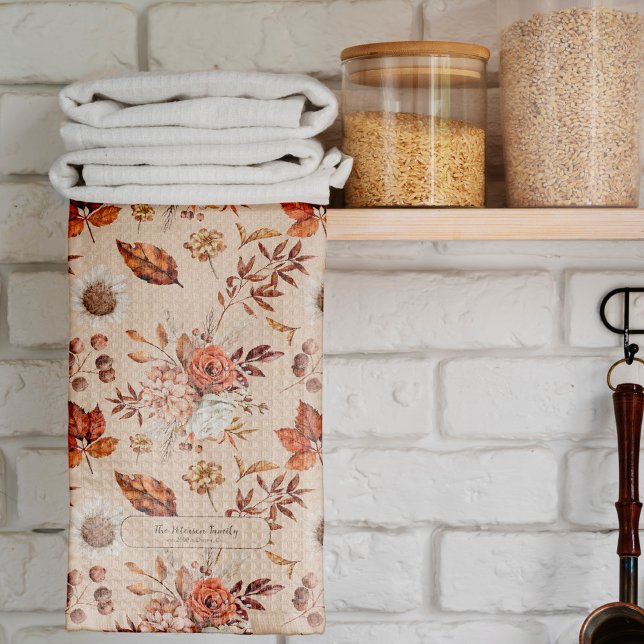 Linge De Cuisine Retro automne fleuri élégant nom de famille person (Créateur téléchargé)