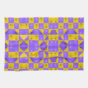 Linge De Cuisine Rétro Boho Violet et Jaune Damier aux Marguerites