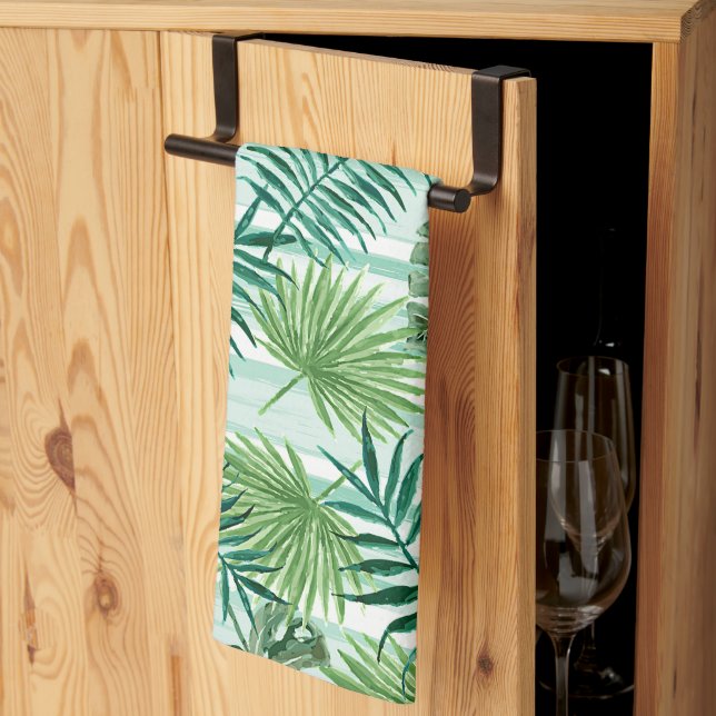 Linge De Cuisine Retro Chic Palm Vert Feuille Aquarelle Art (Pliage en tiers)