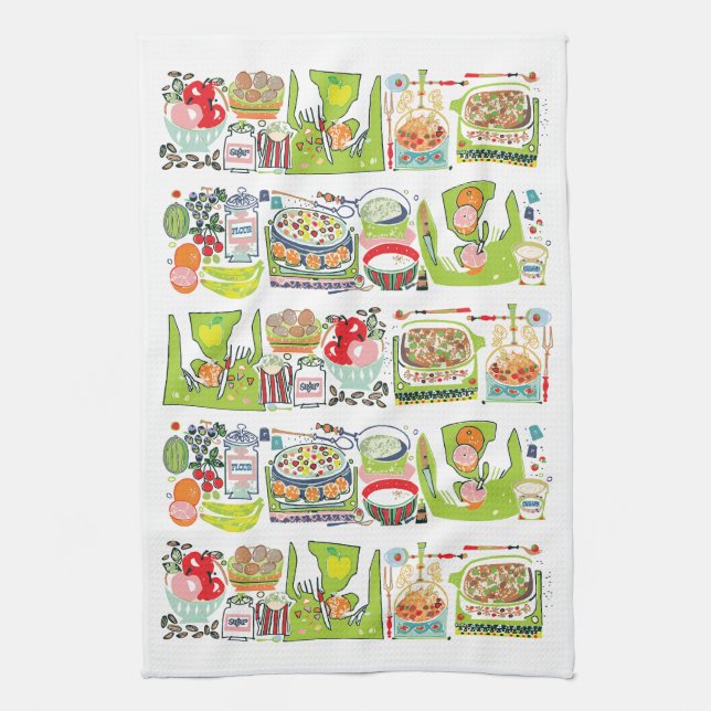 Linge De Cuisine Retro Cuisine Cuisinière Livre Illustration Vert c (Vertical)