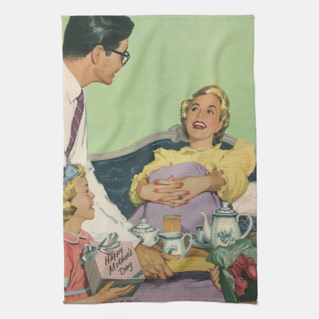 Linge De Cuisine Retro Family Sert Maman Petit déjeuner en Bed (Vertical)