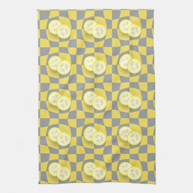 Linge De Cuisine Retro Gris Jaune Citron Tranches Motif de fruits (Vertical)