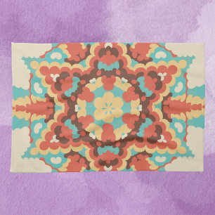 Linge De Cuisine Rétro Mandala bleu rouge et jaune