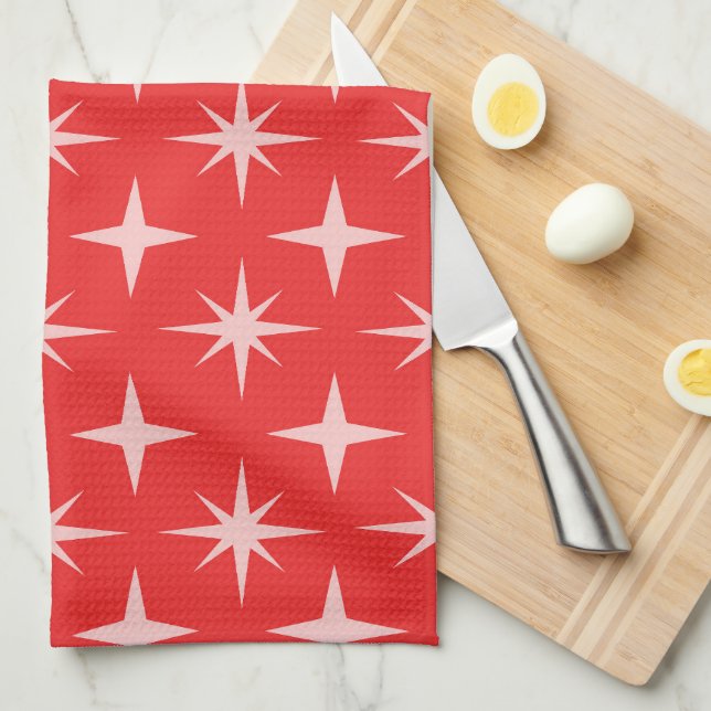Linge De Cuisine Retro Mid Century Atomic Stars Motif sur Red (Quart Plié)
