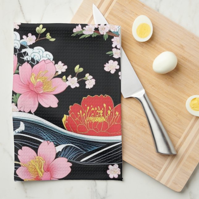 Linge De Cuisine Retro Modern Seigaiha Sakura Flowers Japan party (Quart Plié)