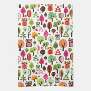 Linge De Cuisine rétro motif de hibou d'arbre rose de feuille