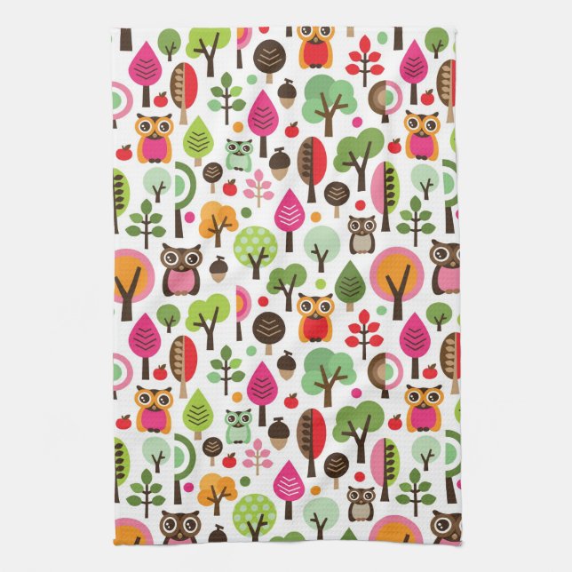 Linge De Cuisine rétro motif de hibou d'arbre rose de feuille (Vertical)