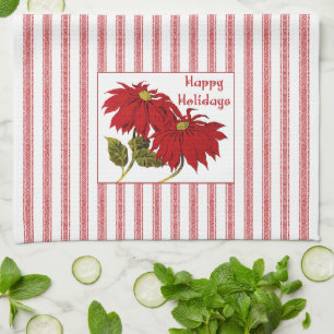 Linge De Cuisine Retro Noël Poinsettia rouge et blanche rayure