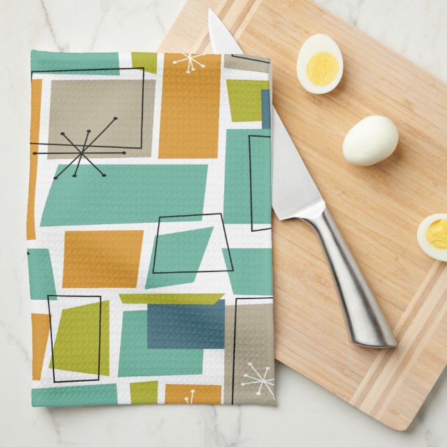 Linge De Cuisine Retro Turquoise Vert Orange Carré Mi-siècle (Quart Plié)