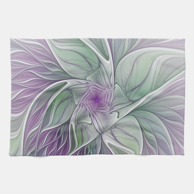 Linge De Cuisine Rêve de fleurs, Abstrait violet vert Fractal Art (Horizontal)