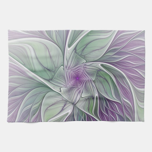Linge De Cuisine Rêve de fleurs, Abstrait violet vert Fractal Art (Horizontal)