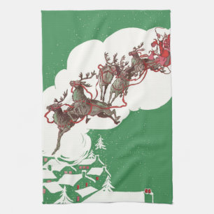 Linge De Cuisine Réveillon de Noël Vintage, Père Noël Rétro à Sleig