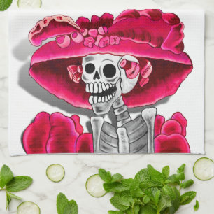 Linge De Cuisine Rire Skeleton Woman dans Red Bonnet