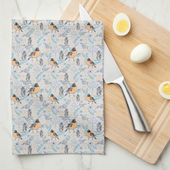 Linge De Cuisine Robin Bird Mama Baby Summer Flowers (Quart Plié)