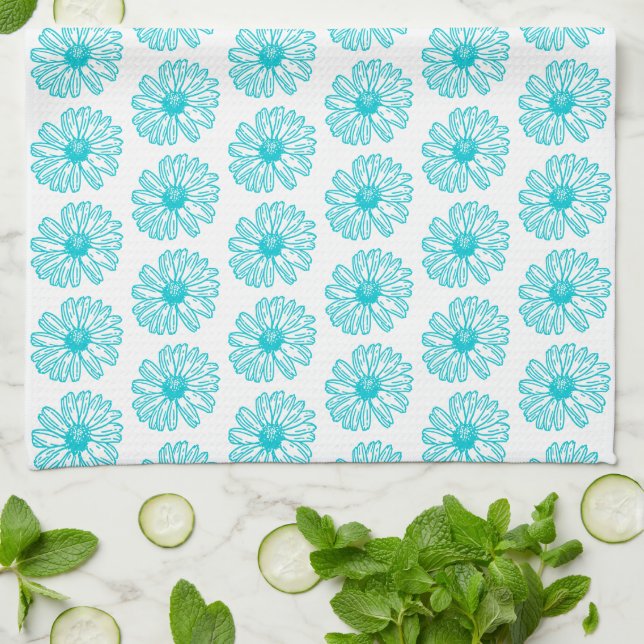 Linge De Cuisine Robin Egg Blue Daisy Print, Hippie Flowers Motif (Plié)