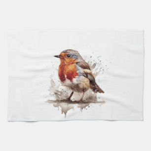 Linge De Cuisine Robin rouge en aquarelle rouge et marron