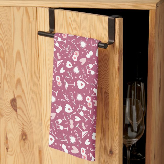 Linge De Cuisine Romantique Saint Valentin Amour Motif rose foncé (Pliage en tiers)