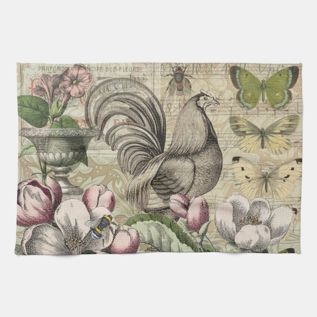 Linge De Cuisine Rooster Garden Flower Papillon Art (Horizontal)