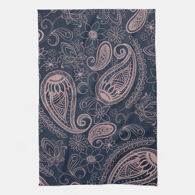 Linge De Cuisine Rose bleu classique Parties scintillant or Paisley (Vertical)