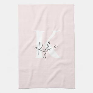 Linge De Cuisine Rose Blush moderne Nom du monogramme personnalisé 