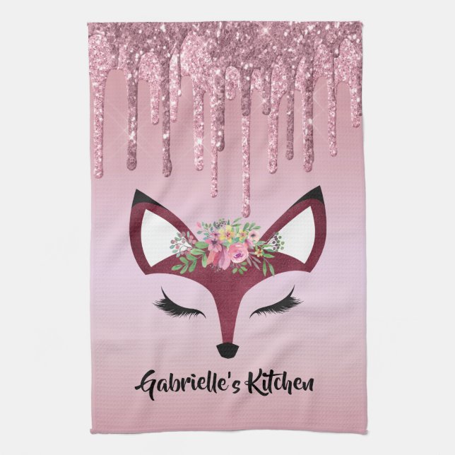 Linge De Cuisine Rose Blush Parties scintillant Peinture Girl Fox (Vertical)