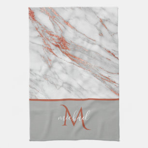 Linge De Cuisine Rose cuivre or & gris marbre avec Monogramme
