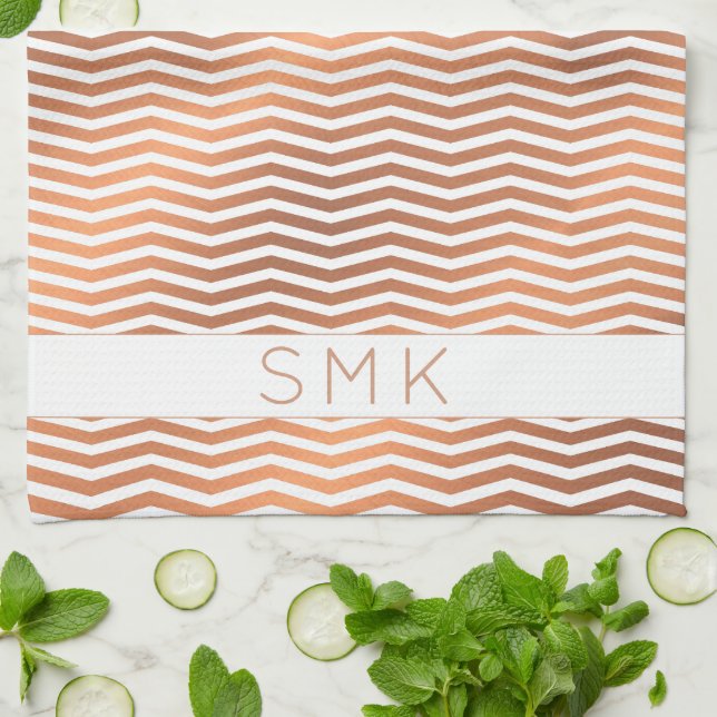 Linge De Cuisine Rose cuivre or huile Chevron blanc Monogramme (Plié)
