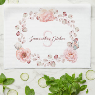Linge De Cuisine Rose d'aquarelle Wreath personnalisée