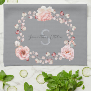 Linge De Cuisine Rose d'aquarelle Wreath personnalisée   Gray