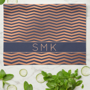 Linge De Cuisine Rose de cuivre or huile Chevron Marine bleu Monogr
