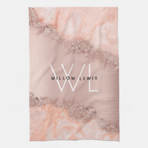 Linge De Cuisine Rose Gold Blush rose Agate Géode Parties scintilla