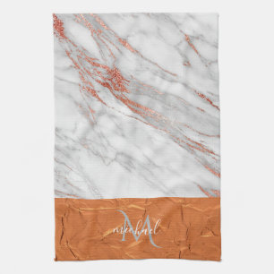 Linge De Cuisine Rose Gold Copper et Marbre Gris avec Kit Monogramm