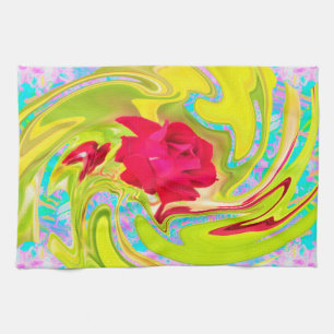 Linge De Cuisine Rose rouge abstraite sur tourbillon jaune et aqua
