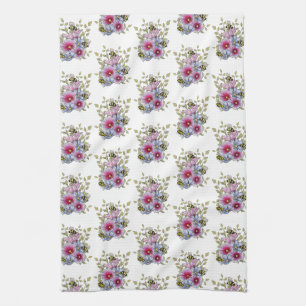 Linge De Cuisine Rose trémières et fleurs bleues avec bourdons